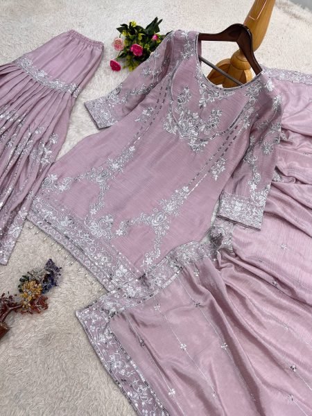 Intricate Pink Pure German Chinon 3PC Suit Set with Sequins Embroidery and Lace Border Ready To Wear Collection