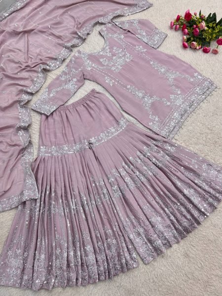 Intricate Pink Pure German Chinon 3PC Suit Set with Sequins Embroidery and Lace Border Ready To Wear Collection