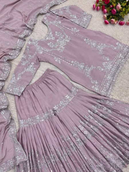 Intricate Pink Pure German Chinon 3PC Suit Set with Sequins Embroidery and Lace Border Ready To Wear Collection
