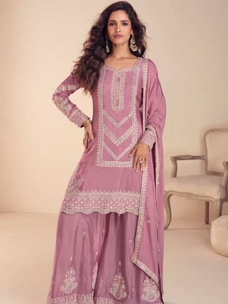 Intricate Pink Women Designer Chinon Kurta Plazzo Dupatta Set 