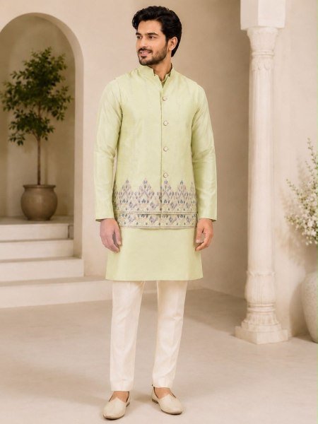 Intricate Pista Men's Designer Koti Kurta with Rolex Cotton Pant For Wedding 