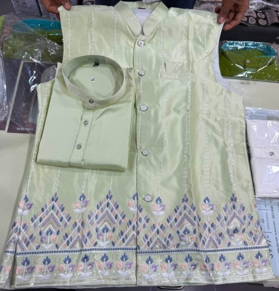 Intricate Pista Men's Designer Koti Kurta with Rolex Cotton Pant For Wedding Kurta Pajama Wholesale