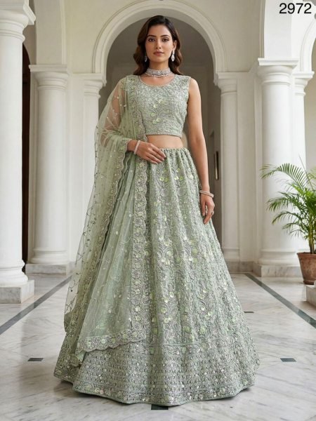 Intricate Pista Net Lehenga with Silver Zari and Sequin Work for Wedding Wear  Lehenga