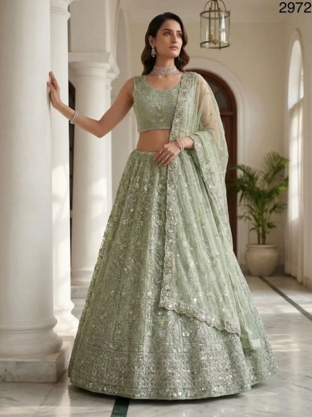 Intricate Pista Net Lehenga with Silver Zari and Sequin Work for Wedding Wear Bridal Lehenga Choli
