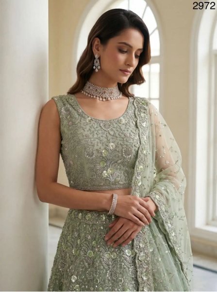 Intricate Pista Net Lehenga with Silver Zari and Sequin Work for Wedding Wear Bridal Lehenga Choli