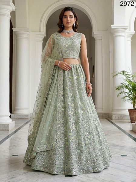 Intricate Pista Net Lehenga with Silver Zari and Sequin Work for Wedding Wear Bridal Lehenga Choli