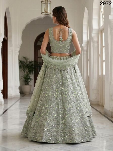 Intricate Pista Net Lehenga with Silver Zari and Sequin Work for Wedding Wear Bridal Lehenga Choli