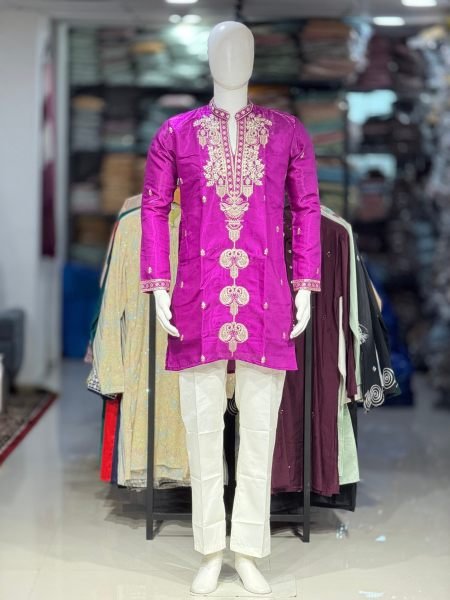 Intricate Purple Men Golden Embroidered Ethnic Kurta with Pant for Festival Mens Wear