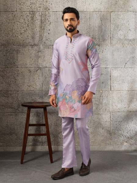 Intricate Purple Men s Silk Kurta Pant Set with Thread and Sequins Embroidery Mens Short Kurta