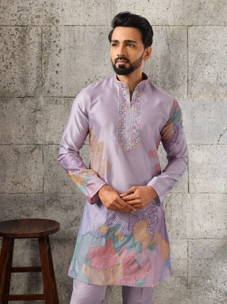Intricate Purple Men s Silk Kurta Pant Set with Thread and Sequins Embroidery Mens Short Kurta