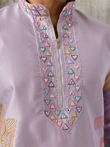 Intricate Purple Men s Silk Kurta Pant Set with Thread and Sequins Embroidery Mens Short Kurta