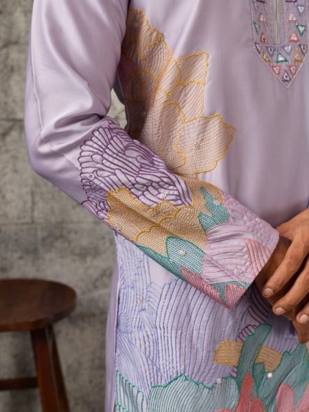Intricate Purple Men s Silk Kurta Pant Set with Thread and Sequins Embroidery Mens Short Kurta