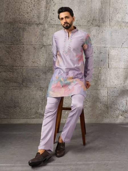 Intricate Purple Men s Silk Kurta Pant Set with Thread and Sequins Embroidery Mens Short Kurta