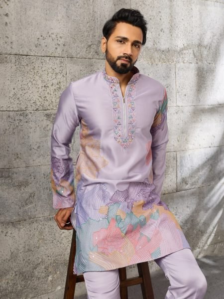 Intricate Purple Men s Silk Kurta Pant Set with Thread and Sequins Embroidery Mens Short Kurta