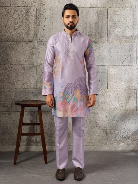 Intricate Purple Men s Silk Kurta Pant Set with Thread and Sequins Embroidery Mens Short Kurta