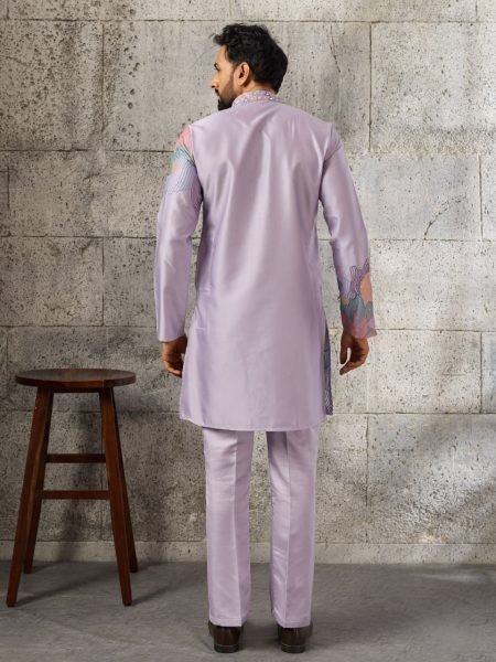 Intricate Purple Men s Silk Kurta Pant Set with Thread and Sequins Embroidery Mens Short Kurta