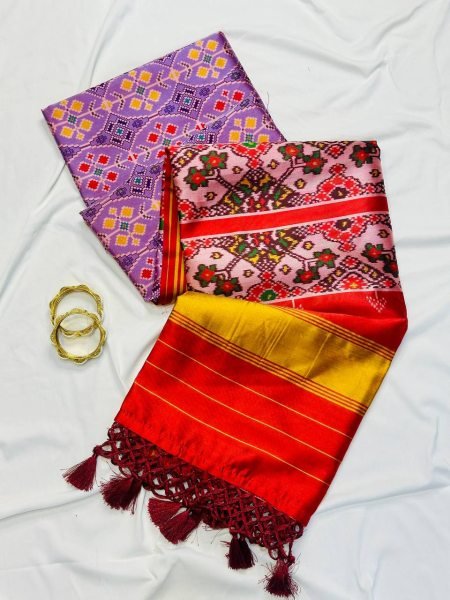 Intricate Purple Patola Silk Saree with Double Ikkat Print and Heavy Decorative Tassels For Wedding Wear Patola Silk Sarees Wholesale