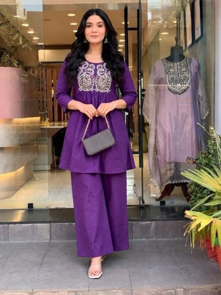 Intricate Purple Premium Cotton Embroidery Cord Set with Matching Bottom for Festival 