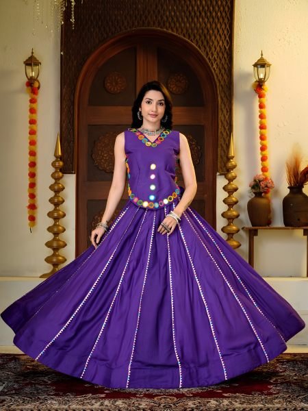 Intricate Purple Pure Cotton Lehenga Choli with 6 Meter Big Flare and Mirror Hand Work  Lehenga