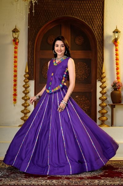 Intricate Purple Pure Cotton Lehenga Choli with 6 Meter Big Flare and Mirror Hand Work Navratri Lehnega Choli