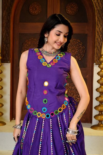 Intricate Purple Pure Cotton Lehenga Choli with 6 Meter Big Flare and Mirror Hand Work Navratri Lehnega Choli