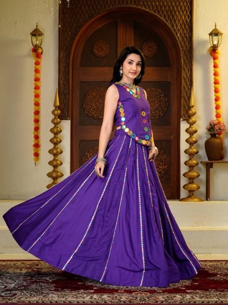 Intricate Purple Pure Cotton Lehenga Choli with 6 Meter Big Flare and Mirror Hand Work Navratri Lehnega Choli