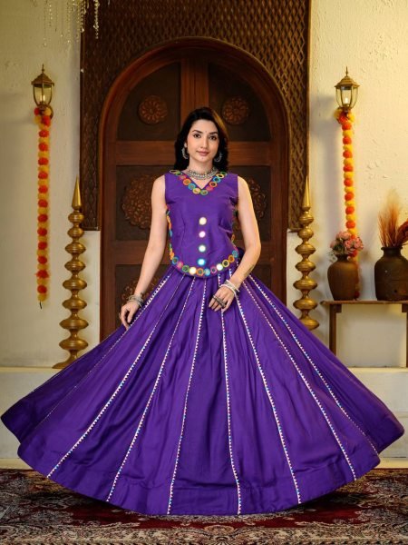 Intricate Purple Pure Cotton Lehenga Choli with 6 Meter Big Flare and Mirror Hand Work Navratri Lehnega Choli