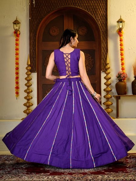 Intricate Purple Pure Cotton Lehenga Choli with 6 Meter Big Flare and Mirror Hand Work Navratri Lehnega Choli