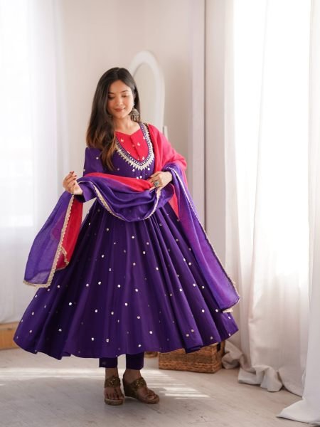 Intricate Purple Roman Silk Anarkali Gown Pant Dupatta Set for Festival 