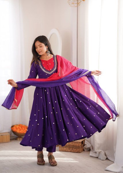 Intricate Purple Roman Silk Anarkali Gown Pant Dupatta Set for Festival Ready To Wear Collection