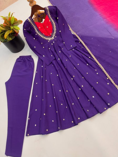 Intricate Purple Roman Silk Anarkali Gown Pant Dupatta Set for Festival Ready To Wear Collection