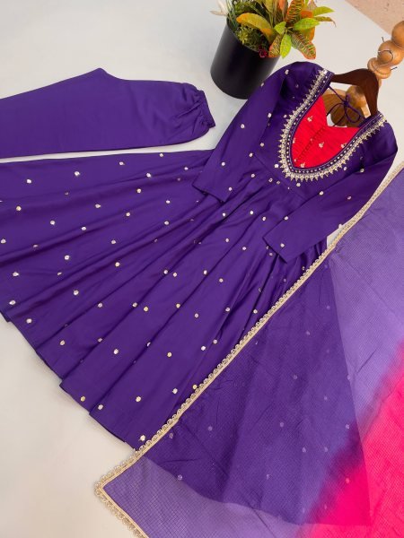 Intricate Purple Roman Silk Anarkali Gown Pant Dupatta Set for Festival Ready To Wear Collection