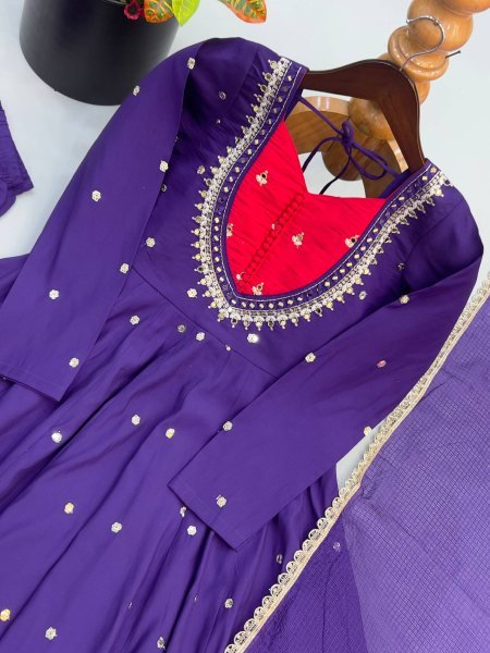 Intricate Purple Roman Silk Anarkali Gown Pant Dupatta Set for Festival Ready To Wear Collection