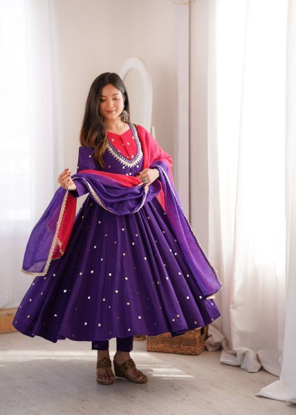 Intricate Purple Roman Silk Anarkali Gown Pant Dupatta Set for Festival Ready To Wear Collection