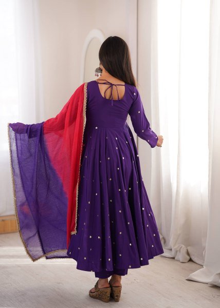 Intricate Purple Roman Silk Anarkali Gown Pant Dupatta Set for Festival Ready To Wear Collection