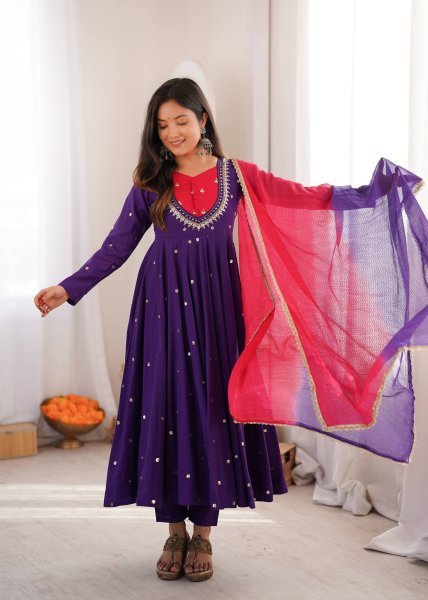 Intricate Purple Roman Silk Anarkali Gown Pant Dupatta Set for Festival Ready To Wear Collection