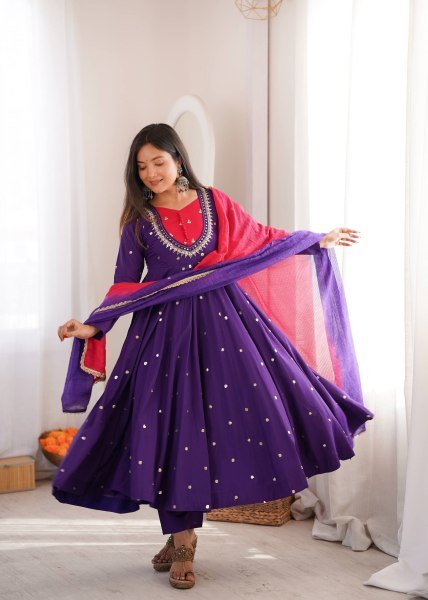 Intricate Purple Roman Silk Anarkali Gown Pant Dupatta Set for Festival Ready To Wear Collection