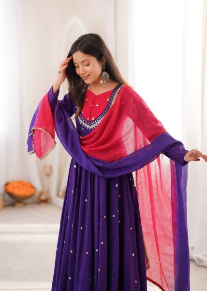Intricate Purple Roman Silk Anarkali Gown Pant Dupatta Set for Festival Ready To Wear Collection