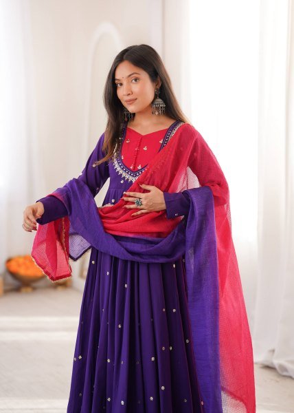 Intricate Purple Roman Silk Anarkali Gown Pant Dupatta Set for Festival Ready To Wear Collection