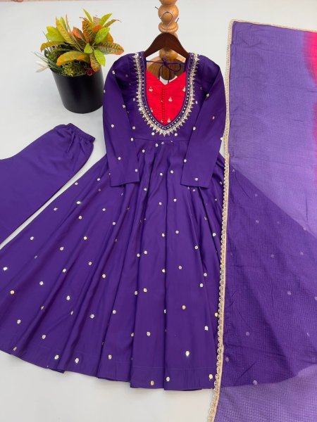 Intricate Purple Roman Silk Anarkali Gown Pant Dupatta Set for Festival Ready To Wear Collection