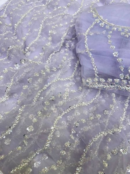 Intricate Purple Soft Net Saree with Heavy Sequins and Beads Work Blouse For Wedding Bollywood Fancy Sarees Wholesale