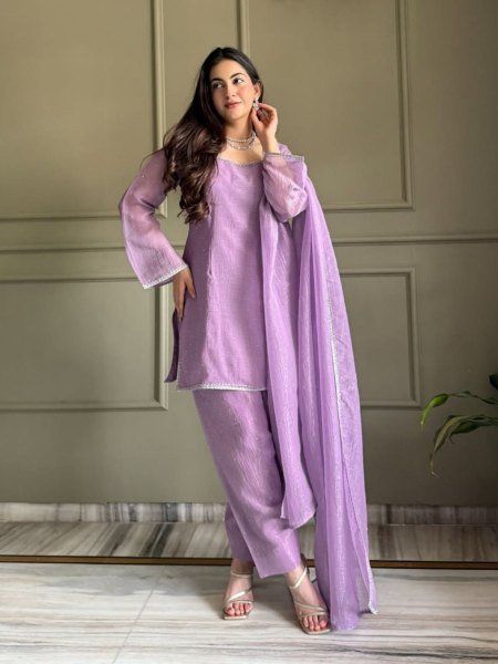 Intricate Purple Wedding Wear Crunchy Silk Kurti Patiala Set with Zardosi Embroidery 
