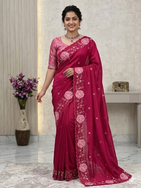 Intricate Rani Pink Pure NC Chiffon Saree with Zari Sequins Embroidery Work Sarees 