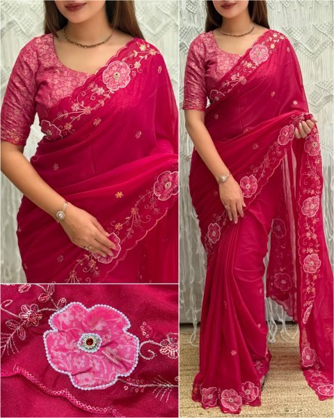 Intricate Rani Pink Pure NC Chiffon Saree with Zari Sequins Embroidery Work Embroidery Sarees Wholesale
