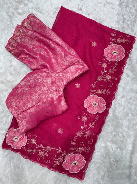 Intricate Rani Pink Pure NC Chiffon Saree with Zari Sequins Embroidery Work Embroidery Sarees Wholesale