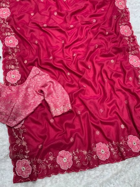 Intricate Rani Pink Pure NC Chiffon Saree with Zari Sequins Embroidery Work Embroidery Sarees Wholesale