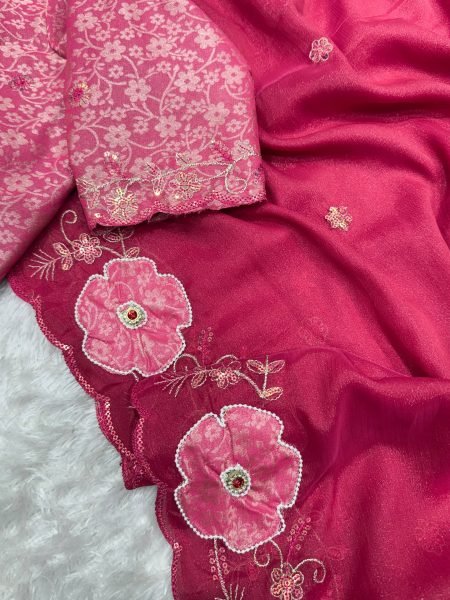 Intricate Rani Pink Pure NC Chiffon Saree with Zari Sequins Embroidery Work Embroidery Sarees Wholesale