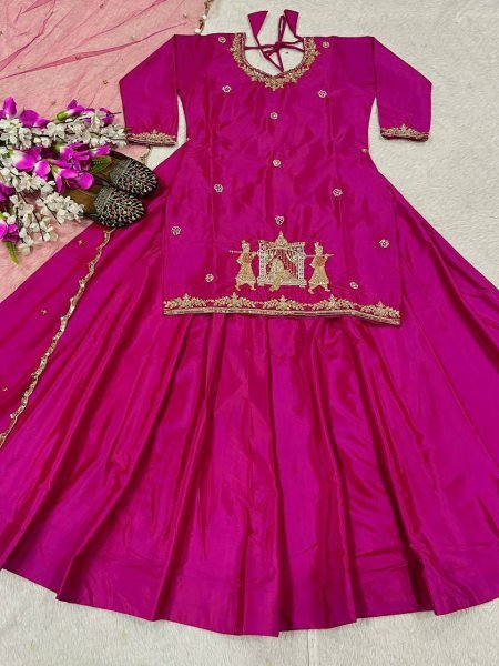 Intricate Rani Pink Silk Lehenga Set with Net Dupatta for Special Occasions Ready To Wear Collection