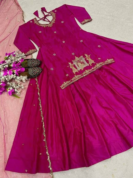 Intricate Rani Pink Silk Lehenga Set with Net Dupatta for Special Occasions Ready To Wear Collection