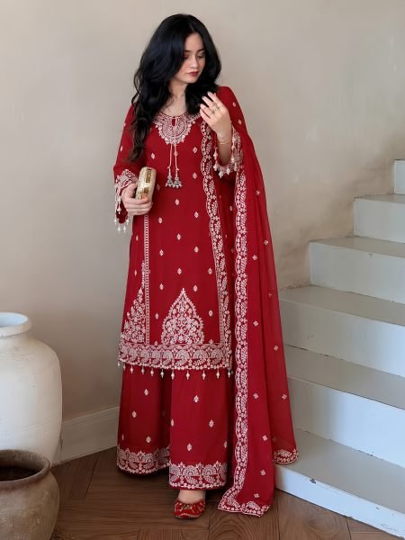 Intricate Red Designer Fox Georgette Top Palazzo Dupatta Set with Sequin Work Ready To Wear Suit